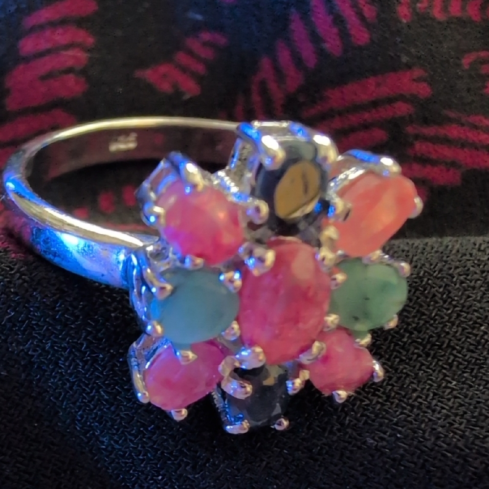 Sterling Silver Multi-Stone Flower Ring - Picture 1 of 3